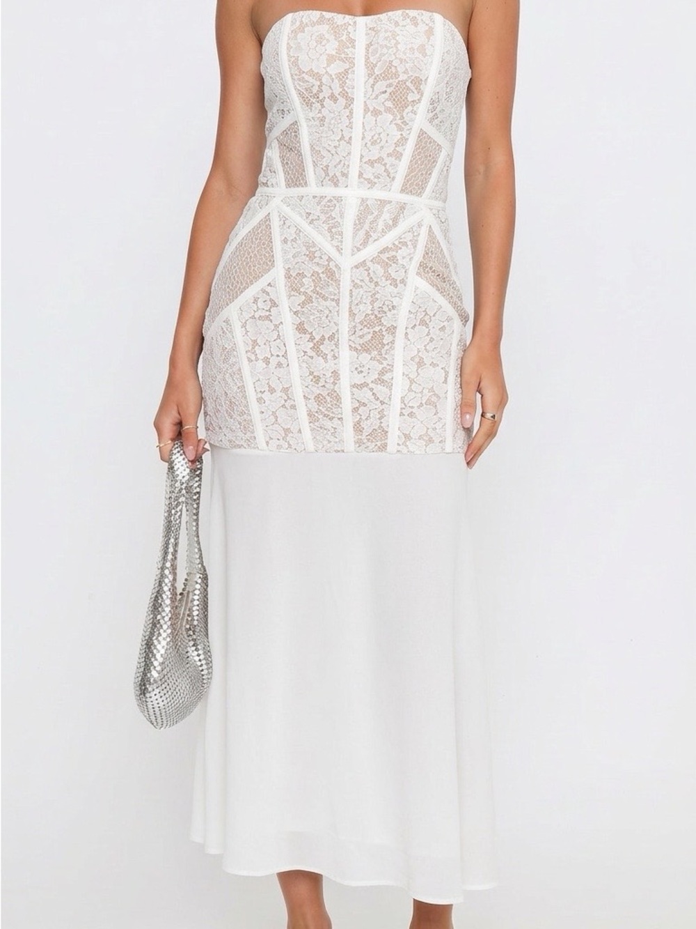 BCBGMaxAzria Strapless White Lace Panel Midi Dress